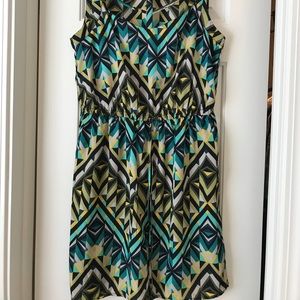 Teal, blue green yellow geometric pattern dress